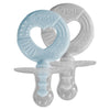 teething pacifier with cute circle textured handle in mist blue and ash for teething baby relief and an orthodontic tip