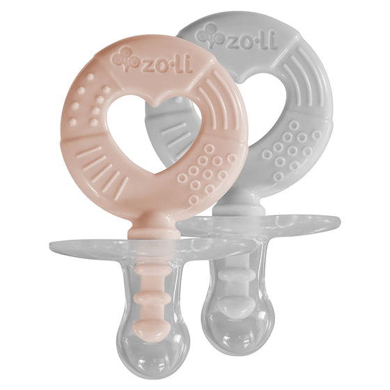teething pacifier with cute circle textured handle in blush and ash for teething baby relief and an orthodontic tip